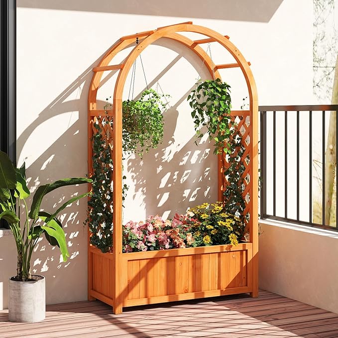 Giantex Set of 2 Raised Garden Bed with Arch Trellis, for Climbing Vine Flower Vegetable, Wood Planter Box with Liner & Drainage Design, Outdoor Plant Container for Yard Balcony (33"x14"x58")
