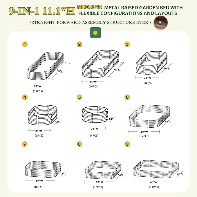BlueWish 8x2x1FT Raised Garden Bed, 11.1” H Galvanized Raised Garden Bed with Bottomless, Rubber Strip, 9-in-1 Modular, Raised Planter Box Outdoor for Vegetable, Flower, Rustic Brown