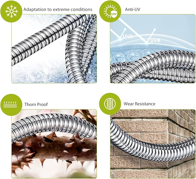 15FT Hose, 304 Stainless Steel Garden Hose Metal, Heavy Duty Water Pipe with Nozzles for Yard, Outdoor，Never Kink & Tangle