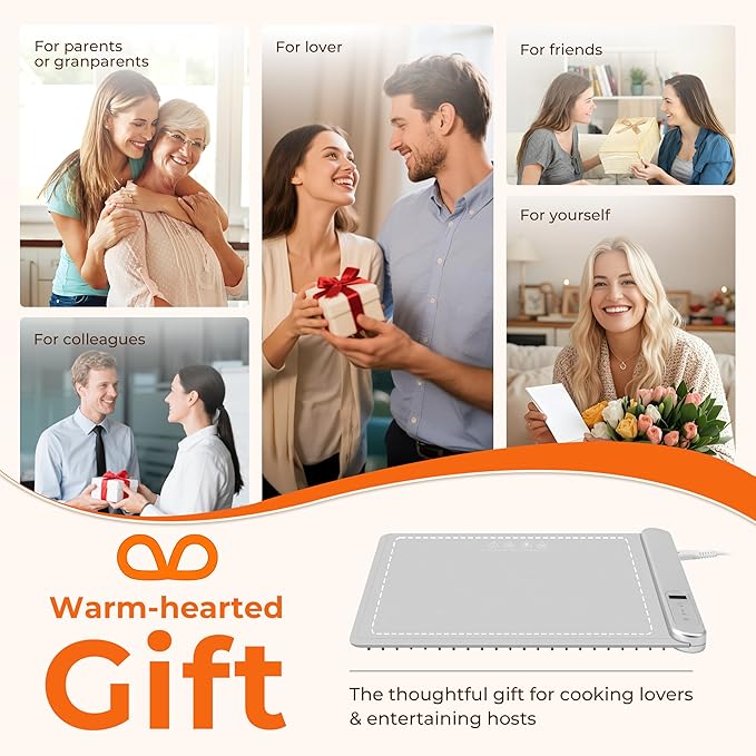 Warming Mat for Food Small Warming Tray with 6 Temp & 6H Timer, 300W Full Surface Heating, Waterproof Foldable Hot Plate for Countertop, Apartment/Dorm Use, New Light Gray