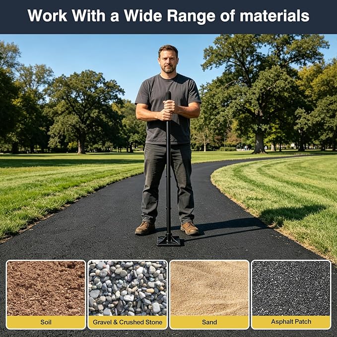 Heavy Duty Hand Tamper 8"x8" Steel Ground Tamper Tool – Manual Landscaping Tamping for Soil, Dirt, Concrete, Asphalt, Driveway & Pavement Repair, 58" Handle Garden Leveler