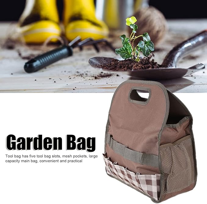 L Garden Tool, Portable Gardeni Sto, Ox Cloth with 5 Slots and Mesh s, Multifunction Handbag for Fertilizers Tools (Coffee Grid)