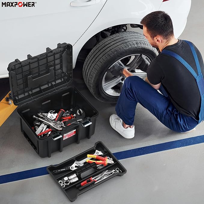 MAXPOWER 16 inch Plastic Tool Box, Black Deep Toolbox with Metal Latches and Removable Tray, Pack of 1