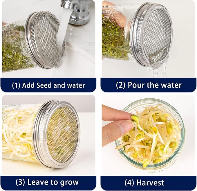 6Pcs Sprouting Screen, Stainless Steel Sprouting Jar Lids, Sprout Kit and Making Organic Sprouts Seeds for Growing Broccoli Sprouts Alfalfa Seed Bean, Sprout Mesh Lids
