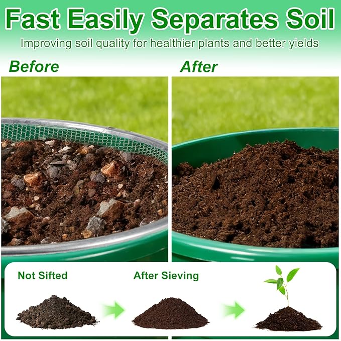 3PACK Soil Sifter for Gardening - Rock Sand Dirt Compost Sifter Fits 5-Gallon Buckets 1/4 Inch, 1/8 Inch, 3/8 Inch Mesh Sieve for Gravel, Dirt, Sawdust with Repotting Mat