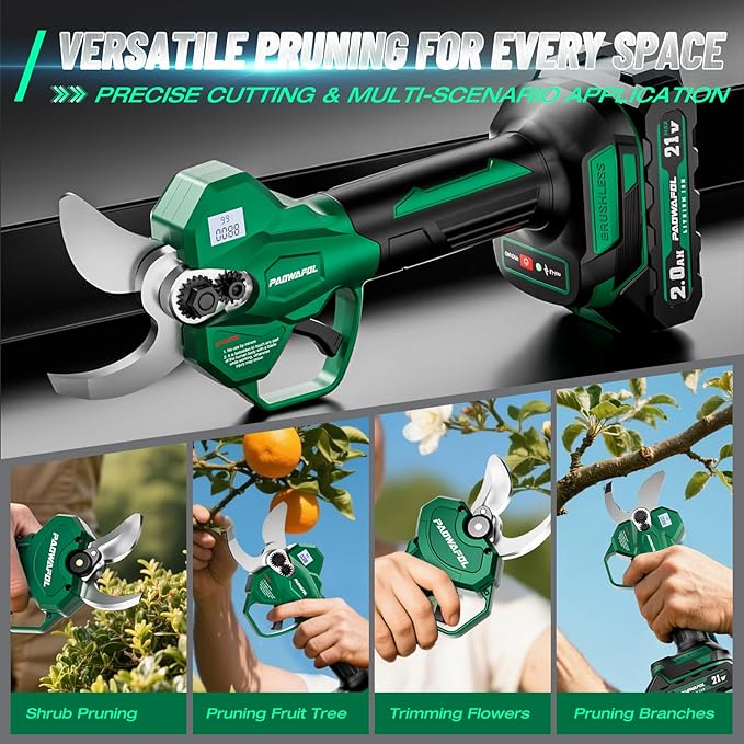 Electric Pruning Shears, 1.6 inch (41mm) Cutting Diameter Cordless Electric Scissors with LCD Display, 21V Brushless Motor Branch Cutter with 2 PCS Rechargeable 2000mAh Batteries & 2 Blades (Green)