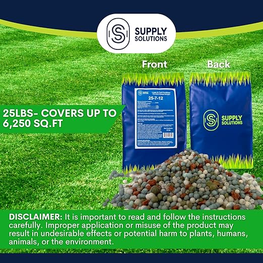Supply Solutions 25-7-12 Lawn and Turf Fertilizer - 15% Slow Release Nitrogen Lawn Fertilizer for All Grass Types, Shrubs - Turf Builder Plant Food Covers 6,250 sq.ft (25lbs)