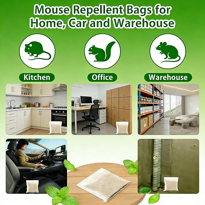 Mouse Repellent Pouches Squirrel Repellent 10Pack with Peppermint Oil: Natural Rodent Repellent Indoor to Get Rid of Rats, Mice, Squirrels - Rat Repellents for House, Car, and Outdoor