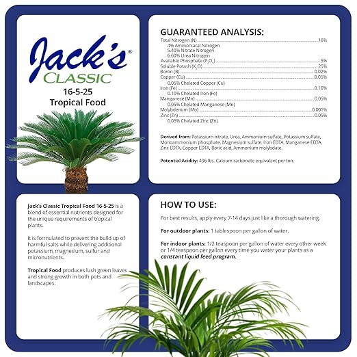 Jack's Classic 16-5-25 Tropical Food Water-Soluble Fertilizer with Micronutrients for Strong Lush Growth, 1.5lbs