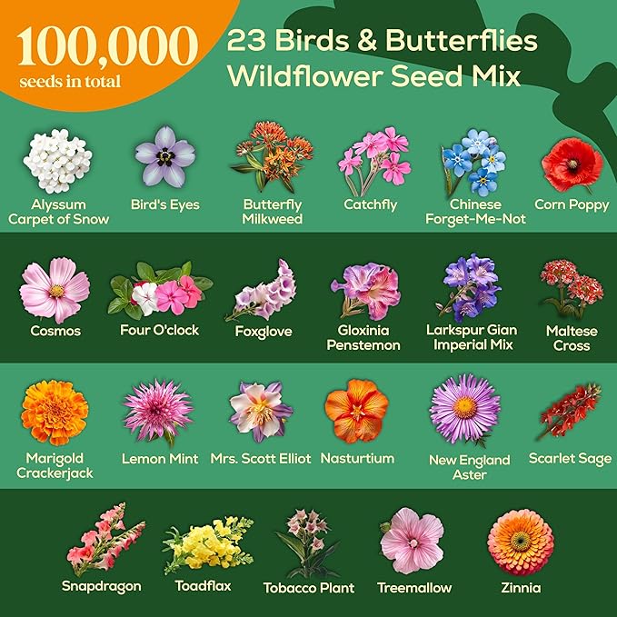 23 Wildflower Hummingbird & Butterfly Mix 4 oz - 100,000 Non-GMO Heirloom Wildflower Seeds for Planting Garden, Perennial Flowers to Attract Bees, Butterflies & Birds in Waterproof Packet