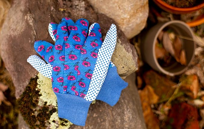 Women's Gardening Gloves, Soft Cotton Jersey, Floral Print, PVC Dot Grip, Comfortable & Durable Multi color Green, Red, Blue