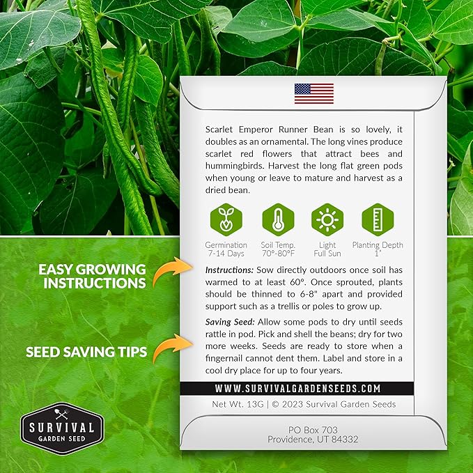 Scarlet Emperor Bean Seeds for Planting - Red Flowering Pole Beans & Ornamental Climbing Vine - Heirloom Non-GMO Pollinator-Friendly Variety for Vegetable Gardens - Survival Garden Seeds (2 Packs)