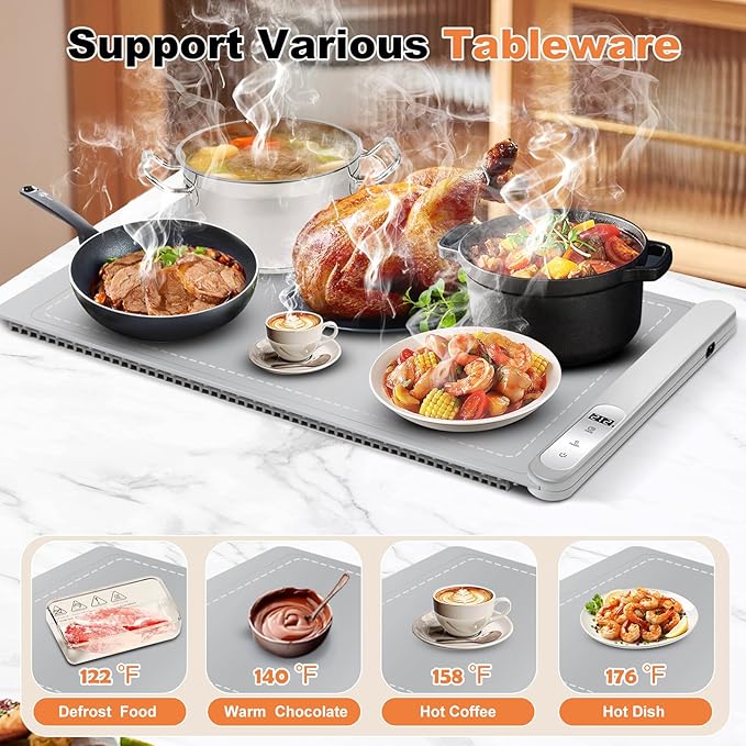 Food Warming Mat for countertop with heat insulation pad,6 Adjustable Temp & Timer Modes,Fast Even Heating, Auto Shut-Off, Portable Electric Heating Warming Tray for Parties Buffets Family Gatherings