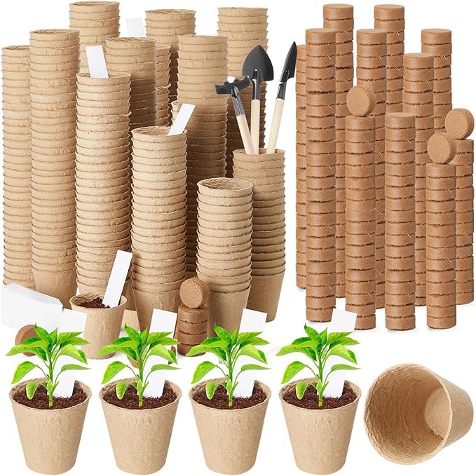 Layhit Seed Starter Plant Pots Kit, Compressed Coir Fiber Potting Soil, 2.36 Inch Nursery Pots, Small Seed Starting Starter Tray Bulk, Garden Germination Container Set with Planting Labels (1200 Pcs)
