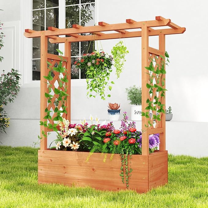 HAPPYGRILL Raised Garden Bed with Trellis, Freestanding Wood Planter Box w/Hanging Roof & 4 Drainage Holes for Vine, Climbing Plants, Flowers, Outdoor Planter with Trellis for Garden, Patio, Yard