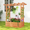 HAPPYGRILL Raised Garden Bed with Trellis, Freestanding Wood Planter Box w/Hanging Roof & 4 Drainage Holes for Vine, Climbing Plants, Flowers, Outdoor Planter with Trellis for Garden, Patio, Yard