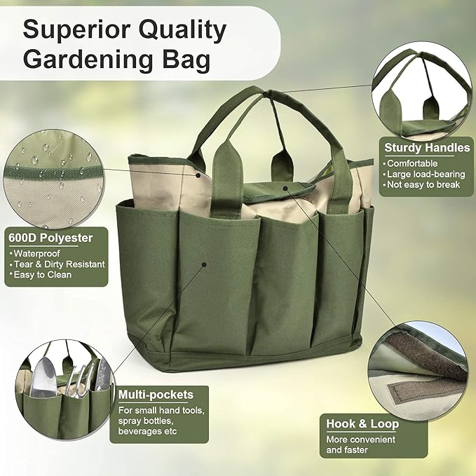 Garden Tool Bag, Garden Tote Bag With 8 Pockets, Canvas Garden Tool Storage Bags, Heavy-duty Large Organizer Bag for Garden Tool Kit, Gardening bag for women Men Indoor and Outdoor Gardening