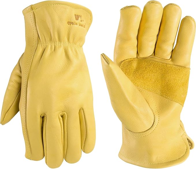 Wells Lamont Leather Work Gloves for Men – Grain Cowhide, Reinforced Palm – Ideal for Construction, Farming, Ranching – Ergonomic Fit, Keystone Thumb, Elasticized Wrist – Saddletan, Large (1129L)