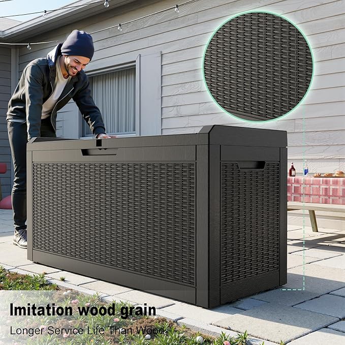 Vixzen 60 Gallon Outdoor Deck Box,Lockable Resin Waterproof Storage Box,UV Resistant,Weather Resistance,Outside Storage Bin for Gardening Tools,Pool Supplies（Black，60 Gallon）