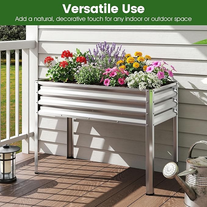 Giantex Raised Garden Bed with Legs, 44" x 22" x 32" Metal Large Elevated Planter Box for Vegetable Flower Fruit Herb, Heavy Duty Outdoor Gardening Planter for Backyard Patio Balcony, Silver