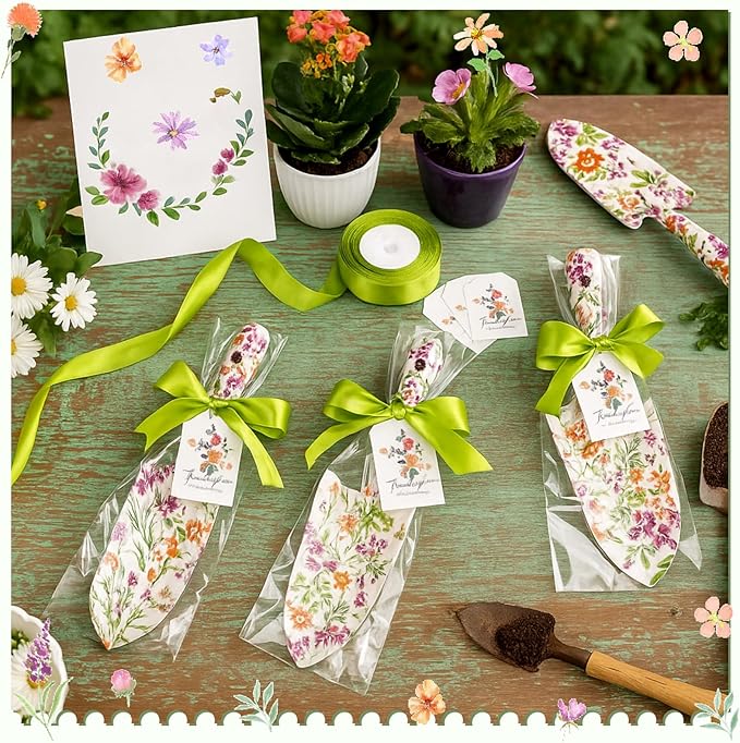 Capoda 12 Sets Floral Garden Shovels Bulk Gardening Gift for Women Garden Tools Floral Hand Heavy Duty Christmas Trowels Thank You Cards with Bags for Mom Gift Birthday Teacher(Green,Classic)