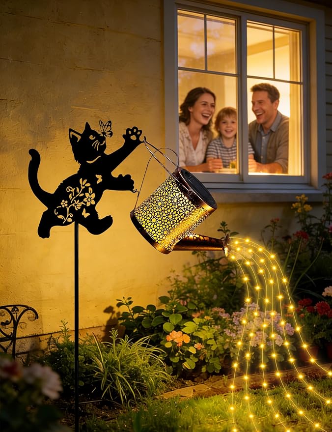 Solar Watering Can Lights with Cascading Light, Solar Lights Outdoor Garden Decor, IP65 Waterproof Hanging Lantern, Hanging Gardening Decor for Outside Patio Porch Yard (Cat)