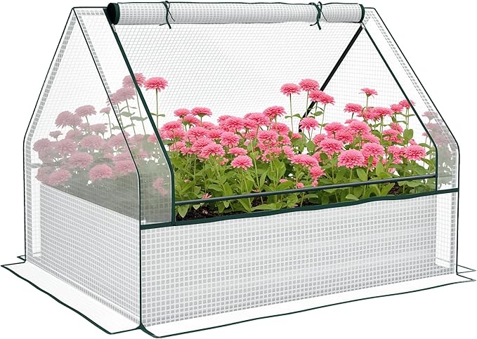 Outsunny 4 x 3 x 1ft Raised Garden Bed with Mini Greenhouse, Galvanized Outdoor Planter Box with Cover, for Herbs and Vegetables, Use for Patio, Garden, Balcony, White Cover and Silver Planter