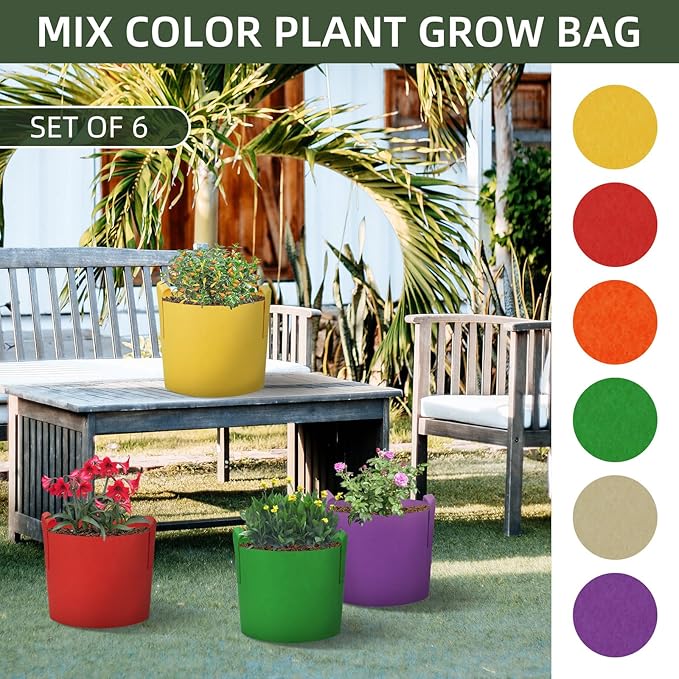 6 Pack 15 Gallon Grow Bags, Colorful Fabric Plant Pots with Handles, Garden 10 Gal Fabric Grow Pots, Vegetable Plant Growing Bags for Garden (15 Gallon)