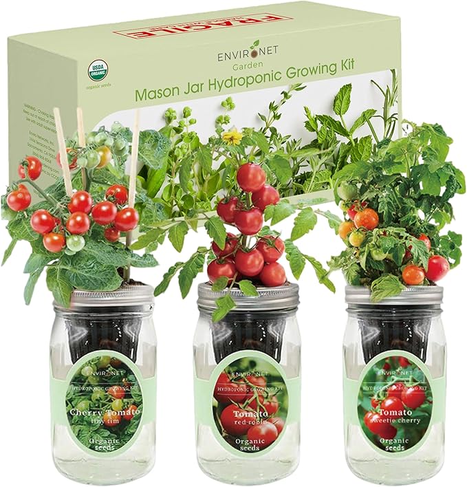 Hydroponic Mason Jar Indoor Garden Organic Seed Starter Kits - Tomato Trio Garden Growing Kits, Gardening Gift (Red Robin Tomato, Cherry Tomato - Tiny Tim, Sweetie Cherry Tomato)