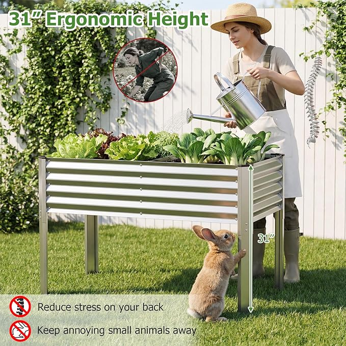 Giantex Galvanized Raised Garden Bed with Legs Set 2, 46"x24"x31" Metal Elevated Planter Box for Gardening Vegetables, Flowers & Fruits, Large Outdoor Planting Box for Garden Backyard & Patio, Silver