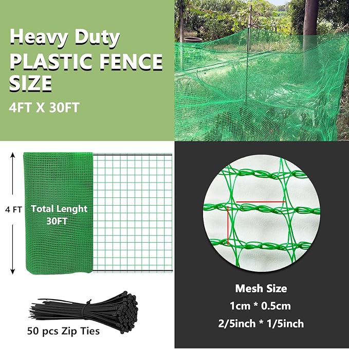 4x30 FT Plastic Garden Fence with 50 Zip Ties – Green Heavy Duty Temporary Safety Fencing for Animals, Snow, Poultry, Deer, Yard & Construction