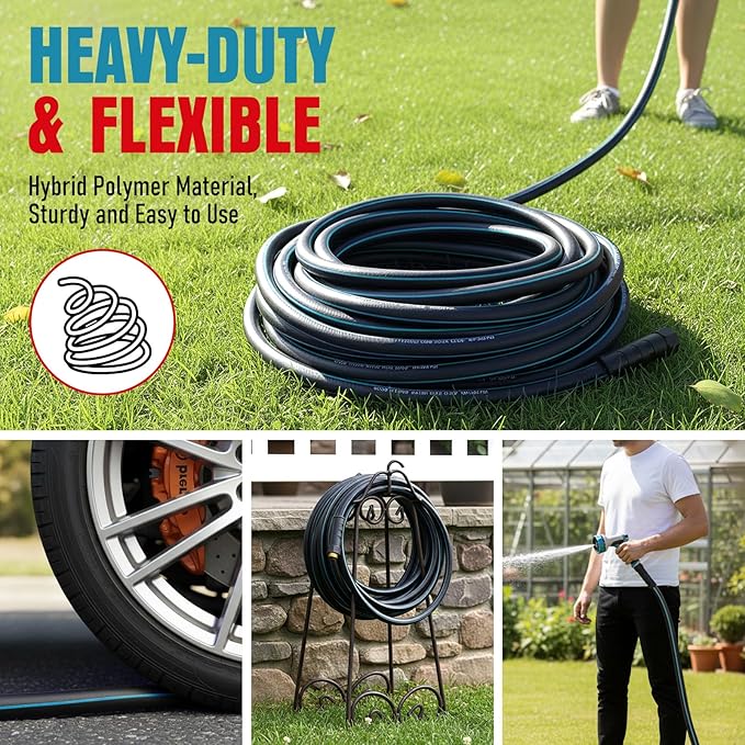 Heavy Duty Garden Hose 25 ft, NON-EXPANDABLE Water Hose with 10 Function Spray Nozzle, Lightweight Kink-less Hybrid Hose with Swivel Handle, Male to Female Fittings