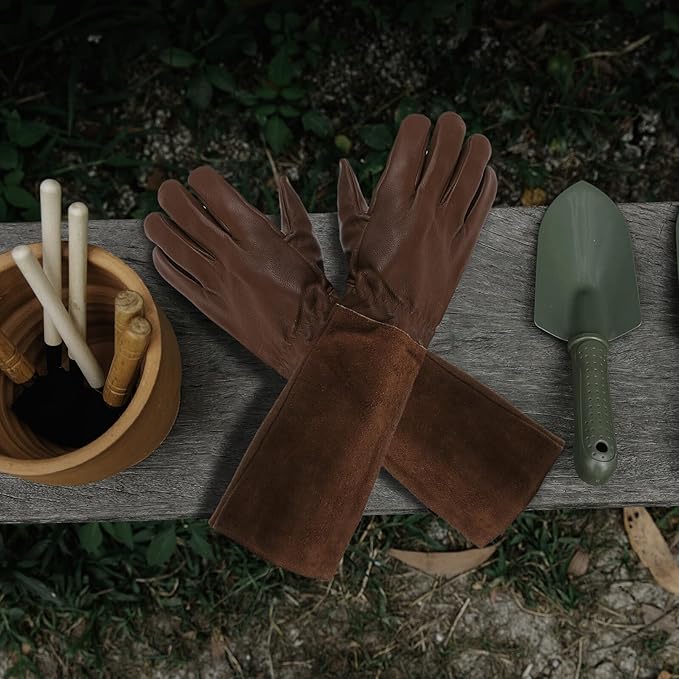 Sosoport Wear-resistant Extended Gloves for Women and Men, Thorn-proof Leather Gardening Gloves with Protective Sleeve, Suitable for Weeding, Pruning, and Planting in Outdoor Gardening