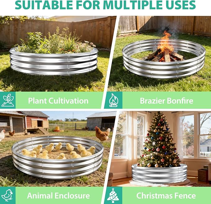 6FT Diameter Galvanized Garden Raised Bed/Plant Box/Fire Pit Ring-0.8mm Thick,12 Inch Tall,Crimped Edge and Corner,No Sharpe,Perfect for Plantings (Silver, 72 Dia X 11.5 inches)
