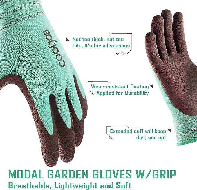 COOLJOB 2 Pairs Breathable Gardening Gloves for Women Large, Stretch Soft Modal Base with Non Slip Rubber Coating, Palm Dipped Grip Work for Gardener Worker in Lawn Yard Factory Garden
