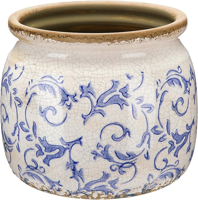 Vintage Planter Large Ceramic Plants Pot Blue Chinoiserie Crack Cottage Scroll Vase Flower Vase Pot Indoor Plants Home Kitchen Decor Farmhouse Antique Decorative Gift
