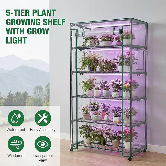 Indoor Greenhouse with Grow Lights & Wheels, 5 Tier Wire Shelf PVC Tent Portable Mini Green House Cabinet Kit for Plant Seed Starting Mushroom Grow