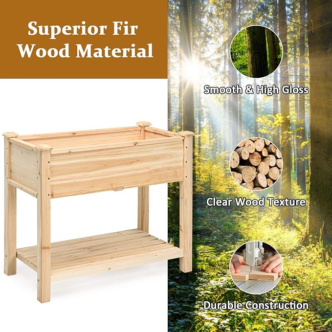 S AFSTAR Raised Garden Bed with Storage Shelf, Elevated Cedar Wood Planter Box with Legs, Outdoor Gardening Planting Bed for Vegetables Flower Herb Grow, Great for Backyard Patio Lawn
