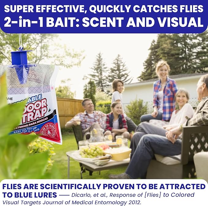 Fly Traps Outdoor Fly Trap for Patio. 2 Non-Toxic Pre-Baited Flies Bags Outdoor Disposable. Hanging Bug Catchers for All Filth Flies Killer for Outside Bug Control in Yard Horse Ranch Trash Can