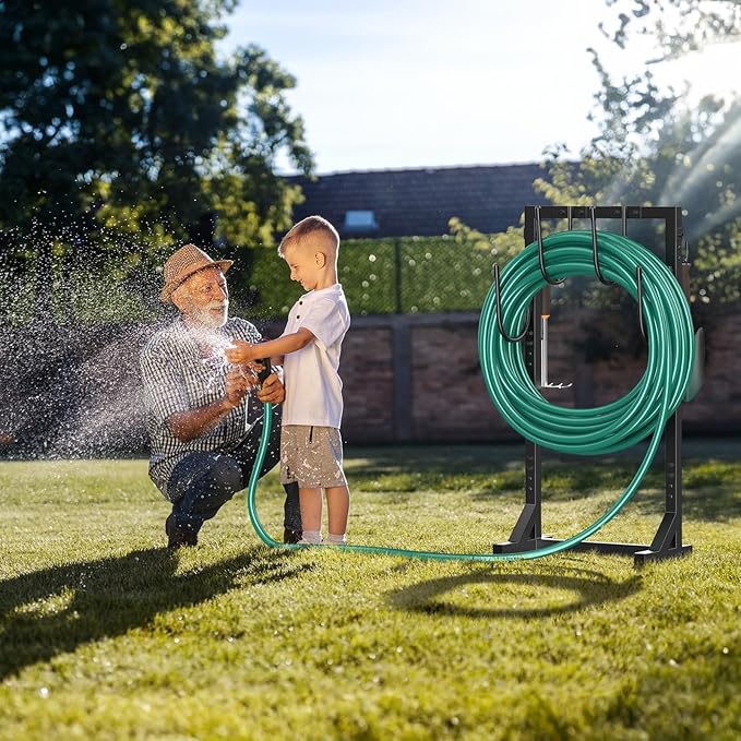 Winpull Garden Hose Holder, Metal Freestanding Hose Stand with 4 Spikes, Holds up to 150FT Hose, Sturdy Hose Reel Alternative, Heavy Duty Hose Storage for Outside Yard Lawn