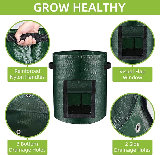 LITLANDSTAR 6 Pack Potato Grow Bags, 15 Gallon Grow Bags Garden Planting Bags with Flap Windows and Handles, Vegetable Grow Bags for Potato, Onion, Tomato, Carrot (Dark Green)