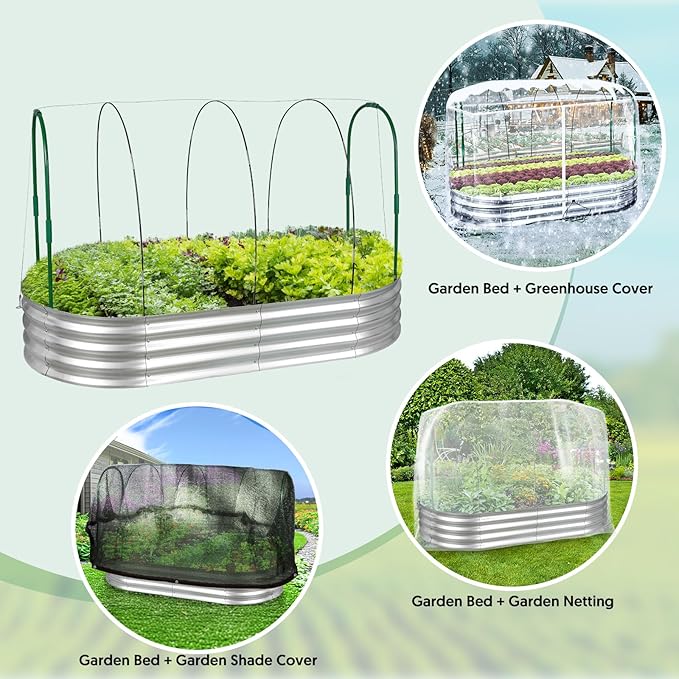 Raised Garden Bed with Greenhouse Frame and 3 Covers, 6x3x1 FT Garden Planting Box, Galvanized Metal Oval Tall Planter Box for Outdoor Gardening, Large Planting Space for Vegetables, Flowers