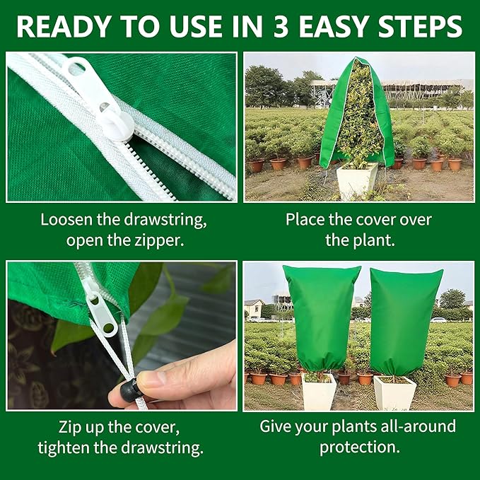 Plant Covers Freeze Protection, 5 Pack Frost Covers with Zipper Drawstring (31.5" x 47.3") Plant Protection Cover Bags for Outdoor Winter Frost Cold Weather Shrubs Trees Jacket Covers, Green