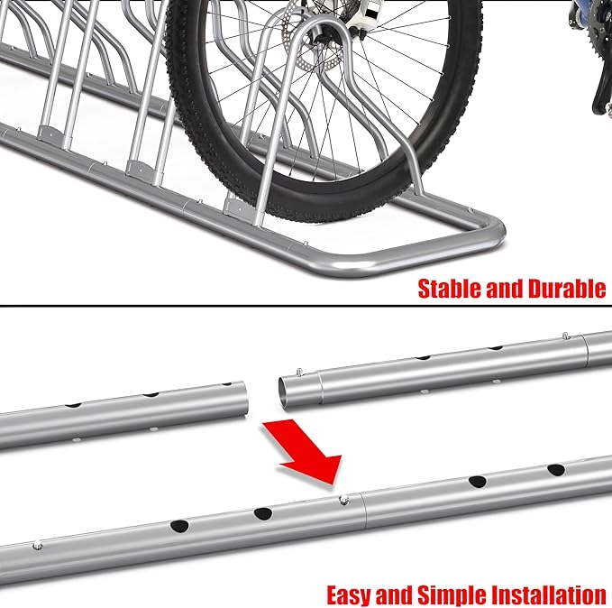 Simple Houseware 5-Bike Floor Storage Rack - Adjustable Bicycle Parking Stand & Garage Organizer for Road and Kids Bikes, Silver