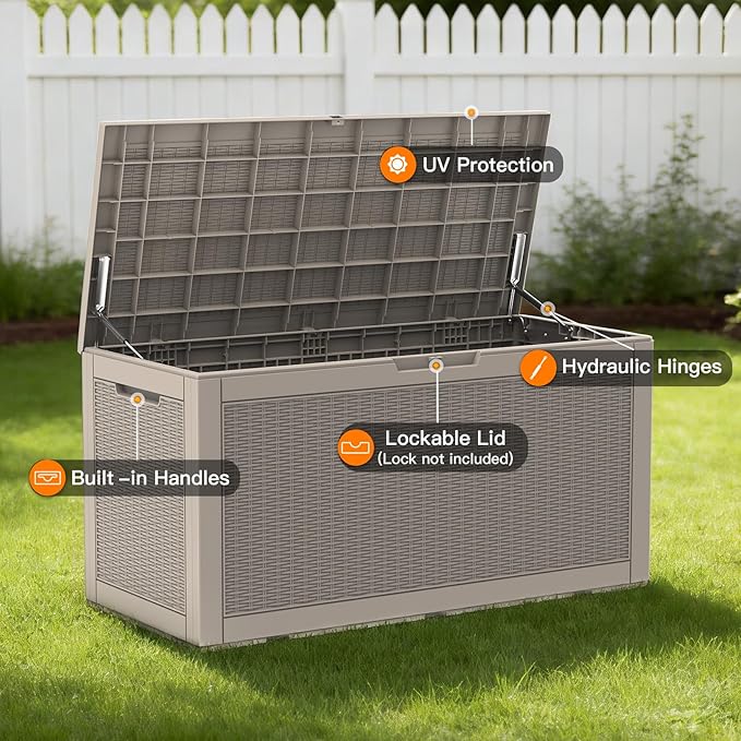 Mars Villa 100 Gallon Outdoor Storage Box, Resin Deck Box Waterproof for Patio Furniture Cushions, Pool Supplies, Gardening Tools, Weatherproof and UV Resistant, Greige