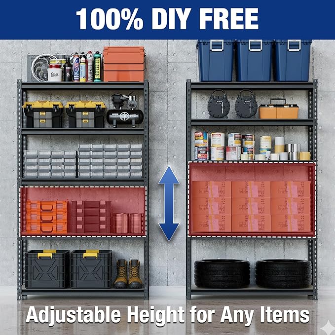WORKPRO 2180LBS Garage Shelving Unit, Heavy Duty 5-Tier Adjustable Storage Shelf, Shelving Units and Storage for Kitchen, Basement or Pantry, 35.4”Wx15.7”Dx72”H, Black