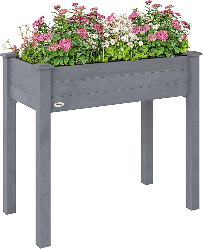 Outsunny Raised Garden Bed with Legs, 34" x 18" x 30", Elevated Wooden Planter Box, Self-Draining with Bed Liner for Vegetables, Herbs, and Flowers Backyard, Patio, Balcony Use, Dark Gray