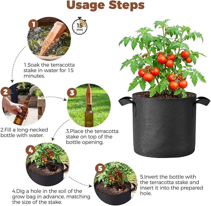 5-Pack 5 Gallon Grow Bags for Potato Tomatoes Vegetables, 5 Pack Terracotta Plant Self-Watering Stakes Spike for Outdoor Indoor Plants, 300g Heavy Duty Thickened Nonwoven Fabric Cloth Pot Planting Bag