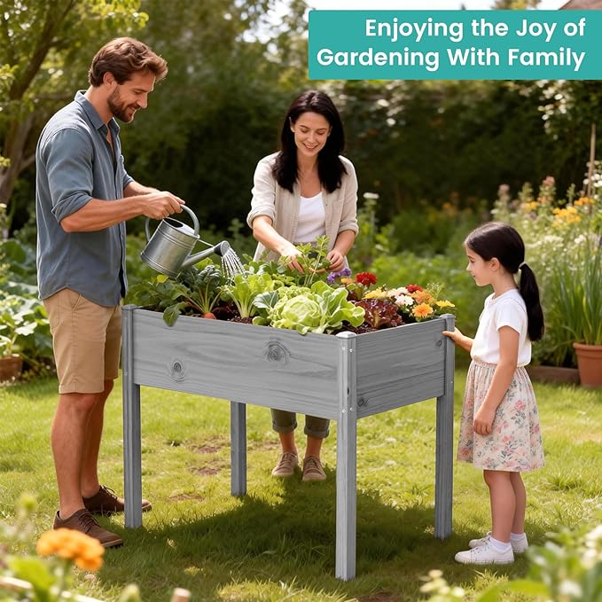 SUNYRISY Wooden Raised Garden Bed Outdoor with Legs for Gardening, 45.6" L x 23.6" W x 31.5" H Elevated Planter Garden Box Raised Bed for Planting Vegetable Flower Herb, Gray