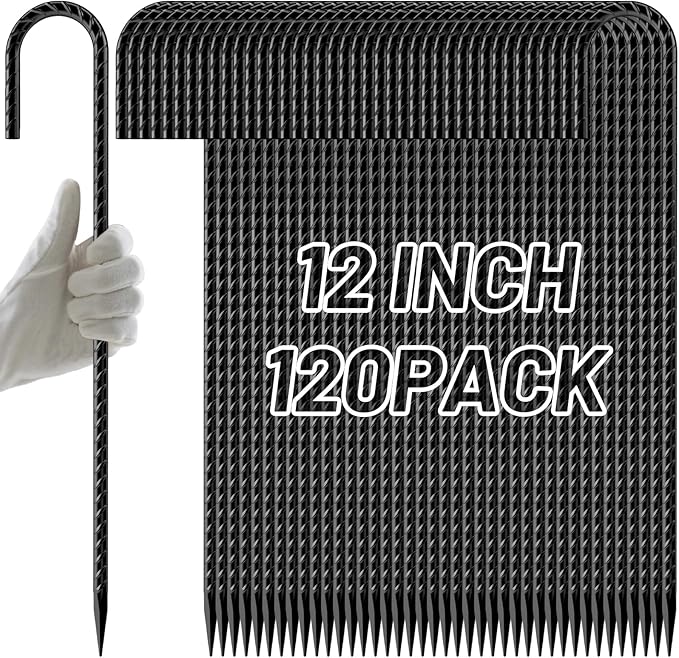 AAGUT Rebar Stakes 12 Inch 120 Pack, J Hook Premium Black Coated Ground Garden Anchors Heavy Duty, Superior Rust Resistance Chain Link Fence Stakes for Camping Tent, Inflatables, Lawn Decor